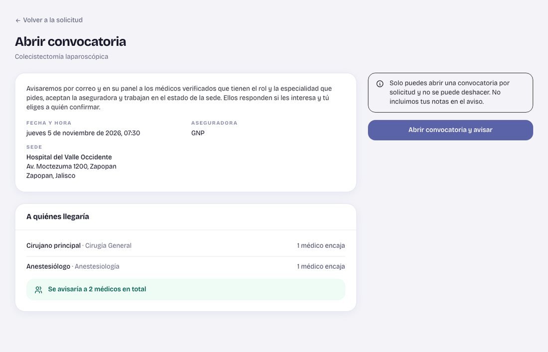 Abres una convocatoria: Avisamos solo a médicos con el rol, la especialidad y la aseguradora.